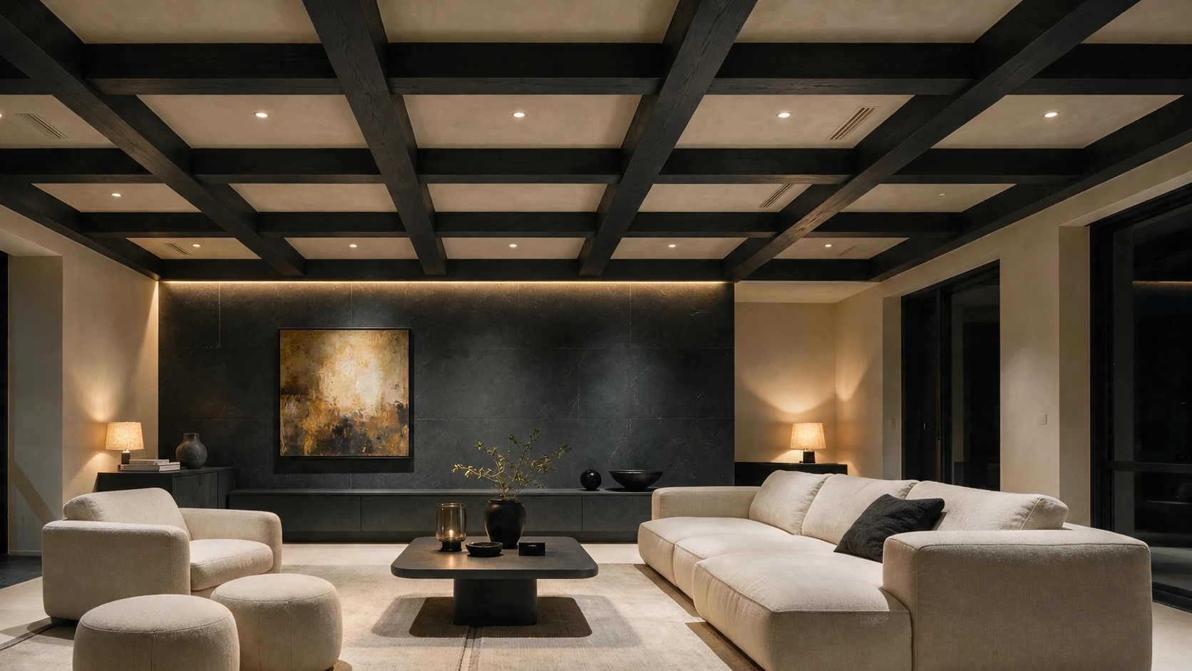 Modern living room with dark wood coffered ceiling cream sofa recessed lights warm evening lighting and black accents