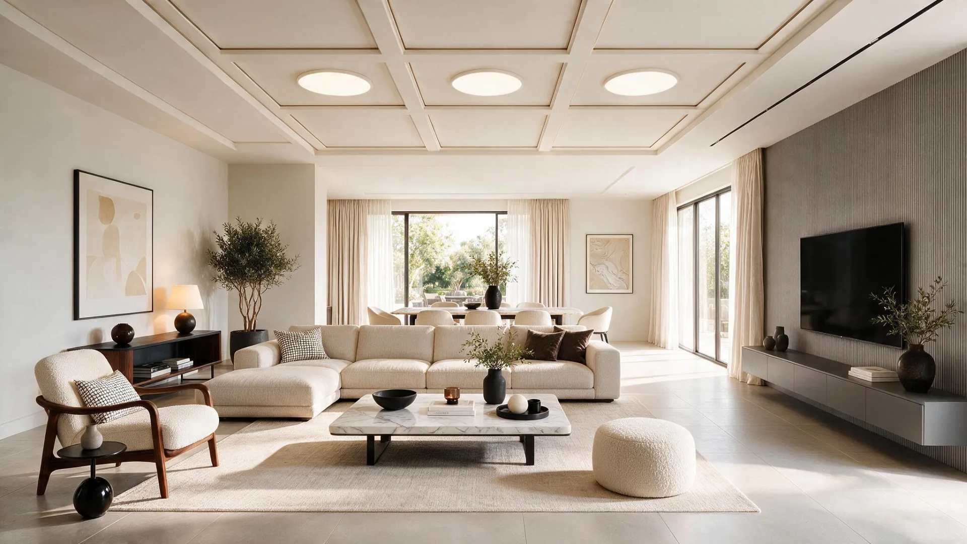 Modern living room with white coffered ceiling round recessed lights cream sectional neutral decor and wide open layout