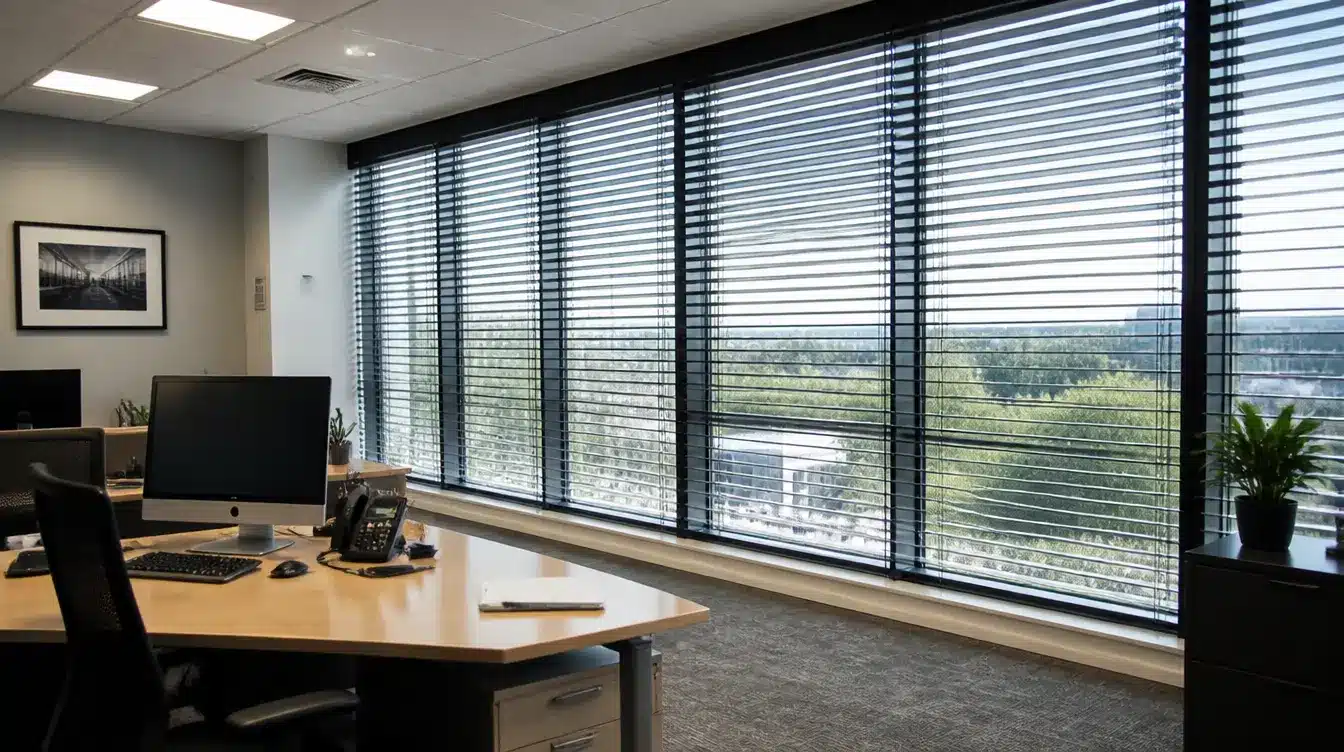 Modern office with desks, computer monitors, phones, chairs, and a potted plant beside large windows overlooking trees and nearby buildings.