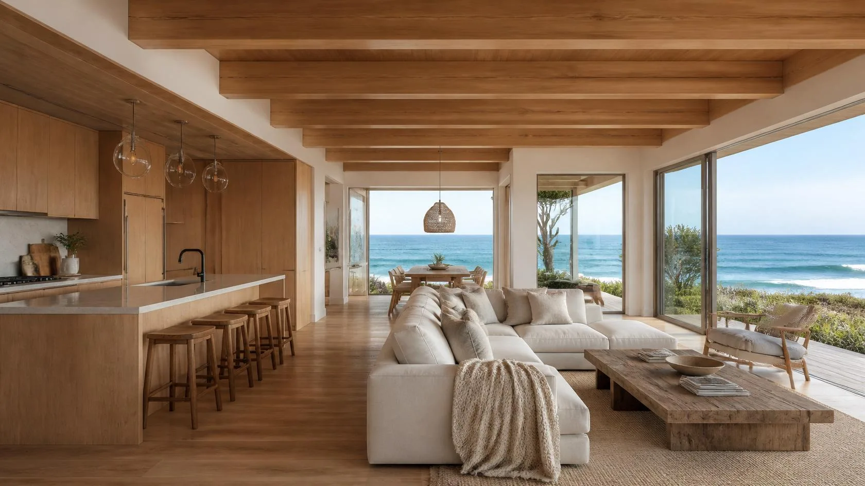 Modern open-concept living room and kitchen with ocean views and natural wood accents.