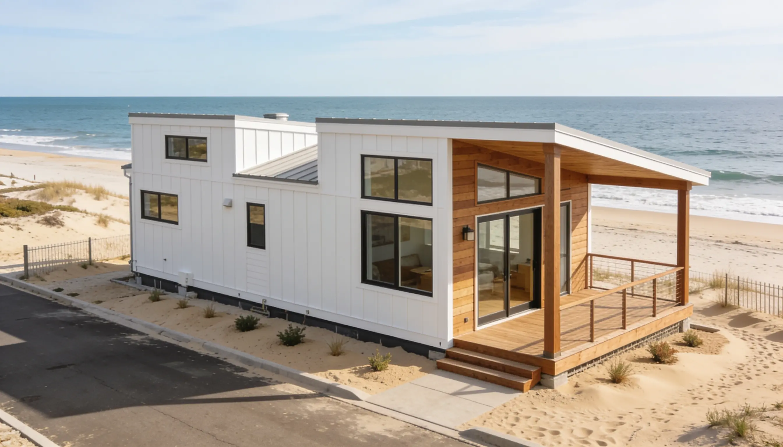 Modern white and wood beach house with a deck overlooking the ocean.