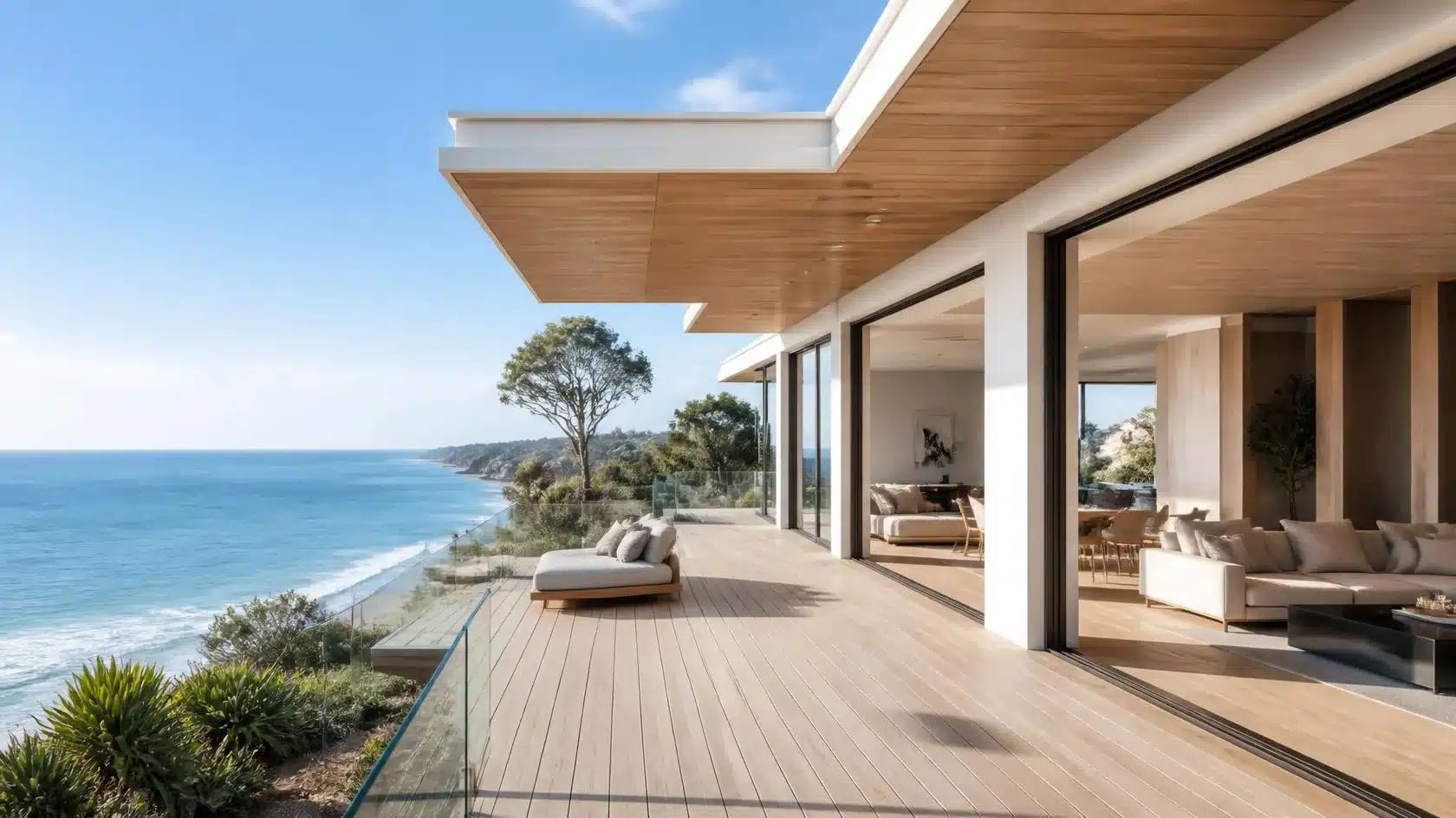Modern wooden deck with glass railing overlooking a scenic coastline and ocean view, adjacent to a living room with sofas.