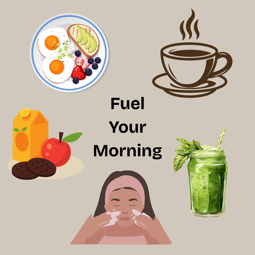 Morning fuel illustrations showing breakfast coffee juice smoothie and simple self care to prepare for the day