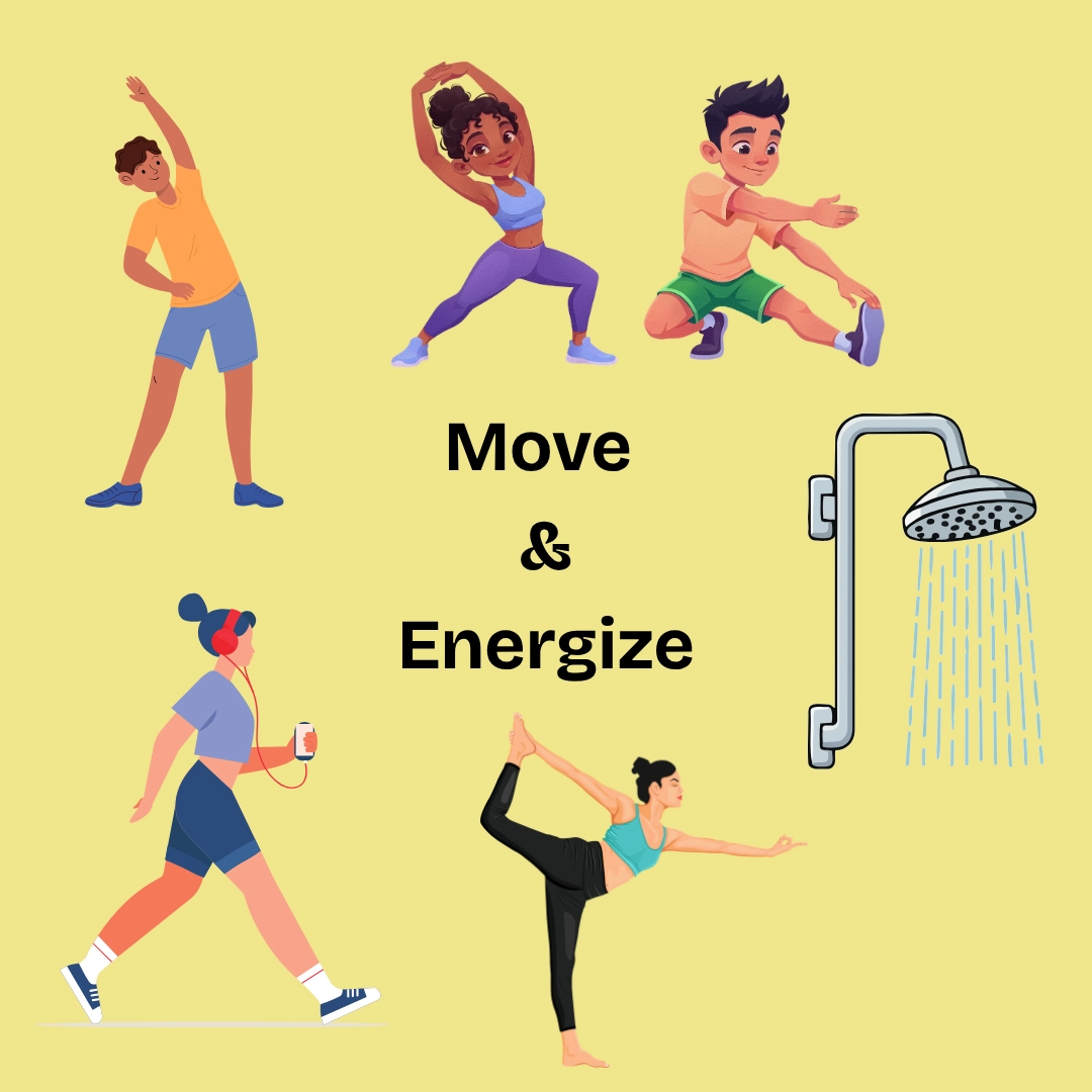 Morning movement illustrations showing stretching exercise walking yoga and a refreshing shower for more energy