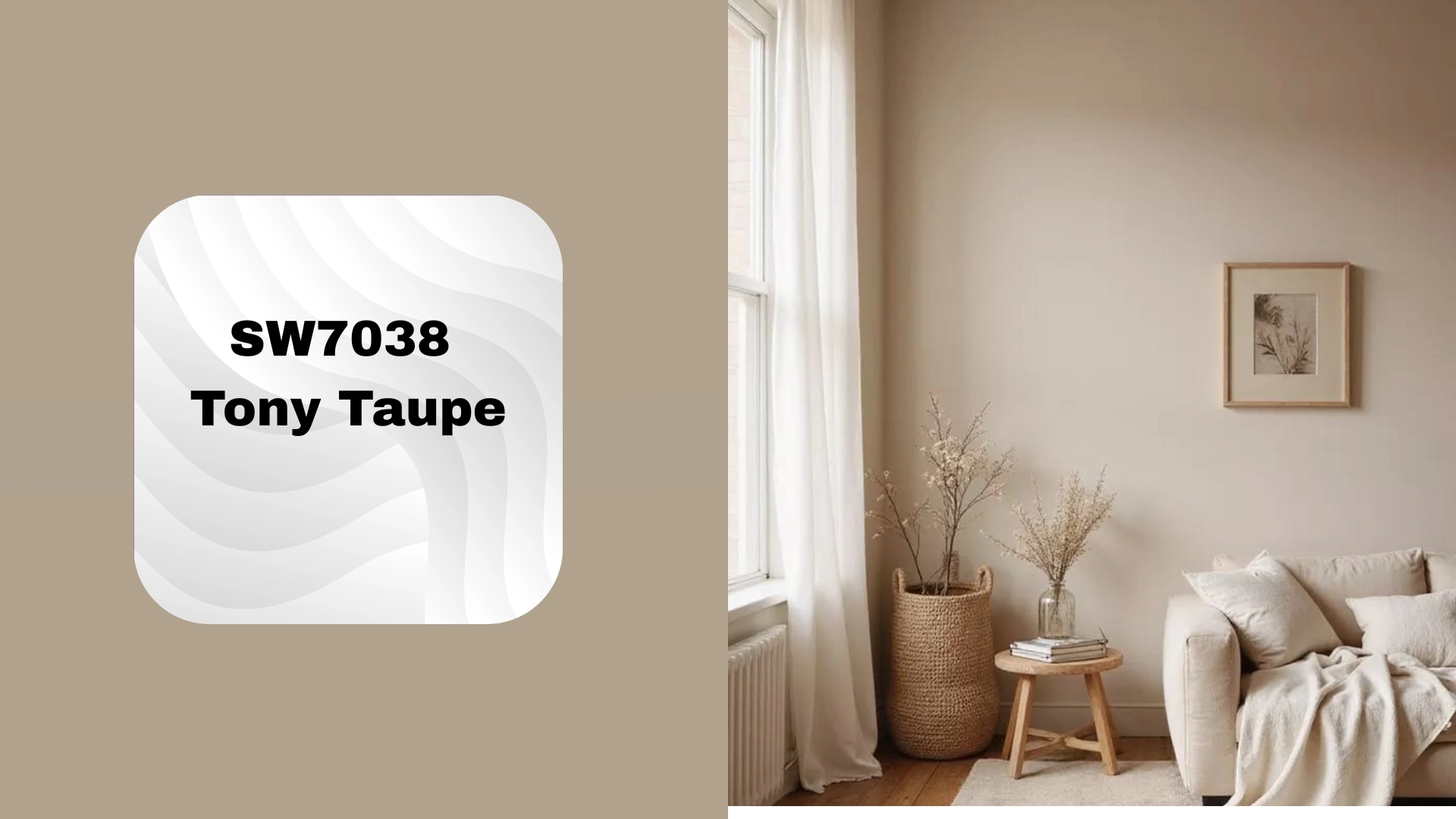 Cozy beige living room with SW7038 Tony Taupe paint swatch and neutral decor