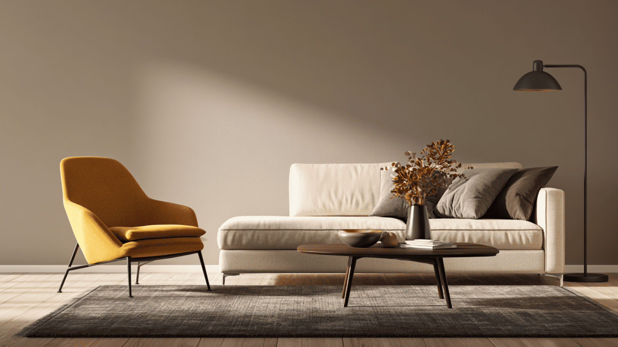 beige living room with mustard chair, cream sofa, gray rug, and black lamp