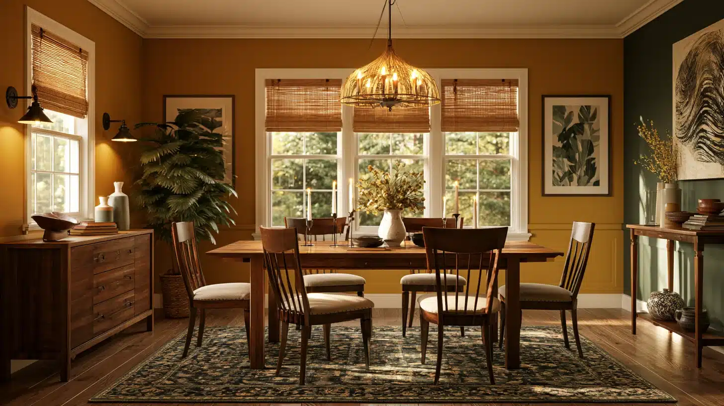 Mustard yellow dining room with wooden table, classic chairs, woven pendant light, greenery, and warm natural light.