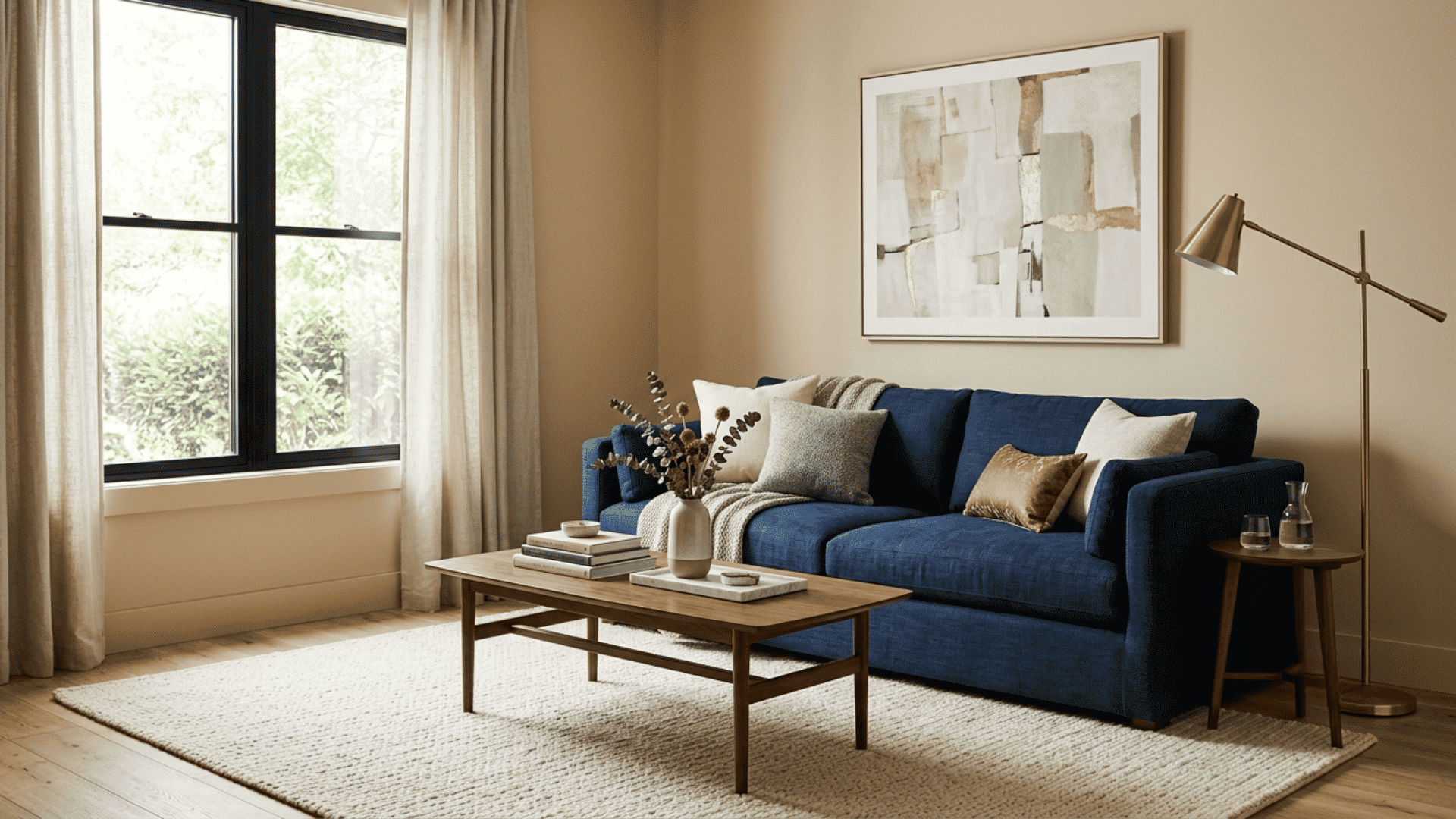 navy blue sofa in a neutral living room with a wood table and dark-framed window