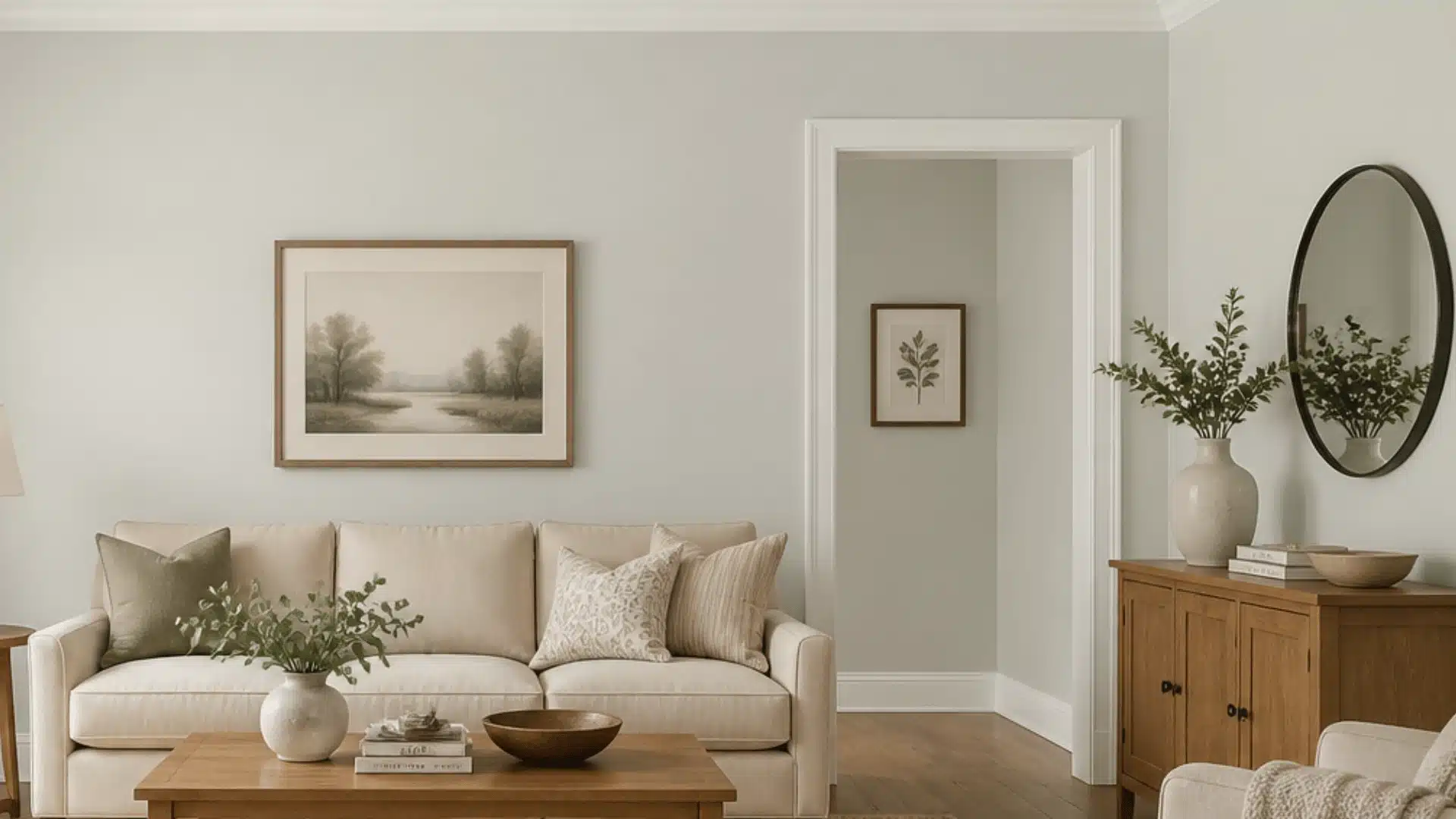 Neutral-toned living room with a beige sofa, framed landscape, wooden coffee table, sideboard, round mirror, and vases of greenery.
