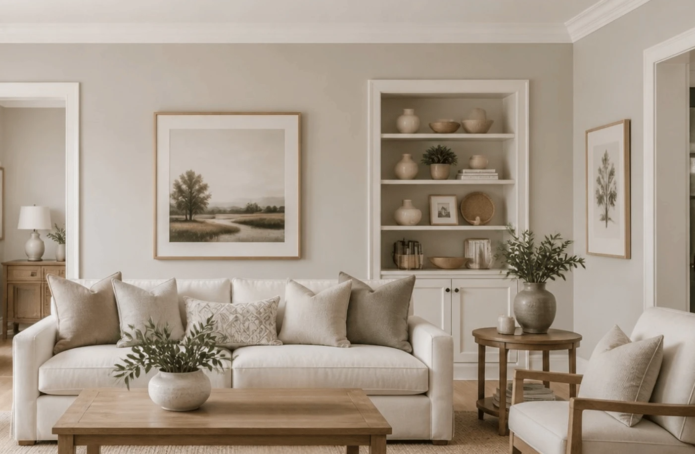 Neutral-toned living room with a sofa, two armchairs, wooden coffee table, lamps, built-in shelves, plants, and framed landscape art.