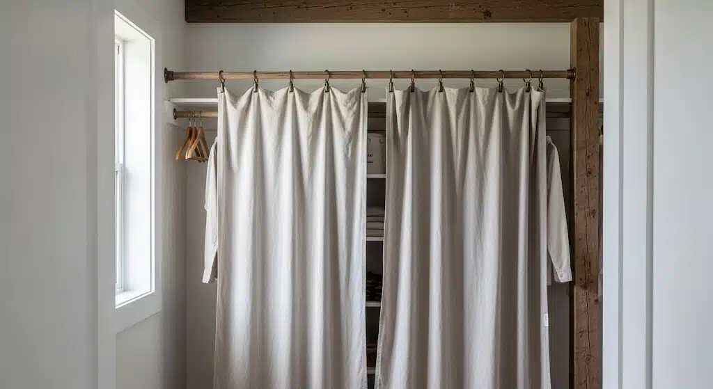 White linen curtains hang from a rustic wooden rod, partially concealing an open closet with clothing and hangers beside a tall window.