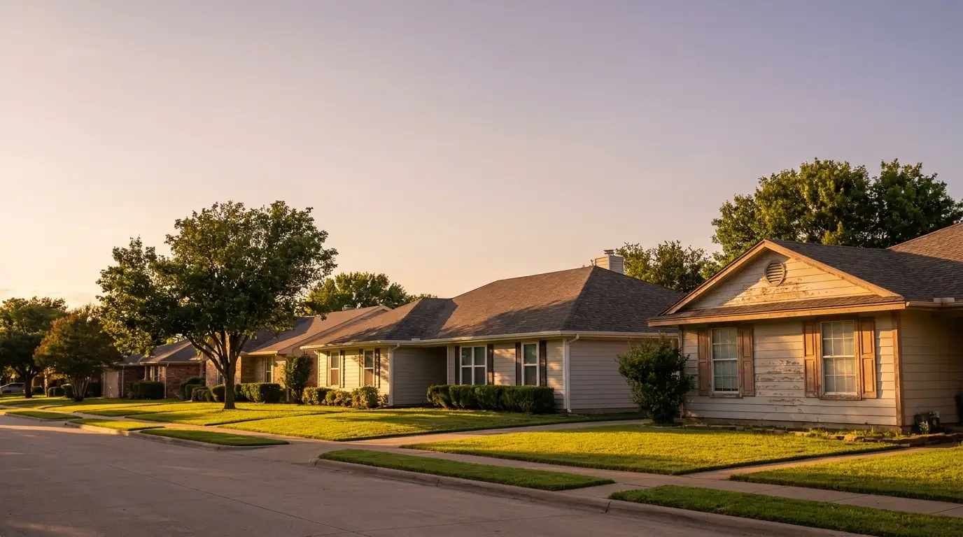 Row of suburban houses with manicured lawns and mature trees under evening sunlight