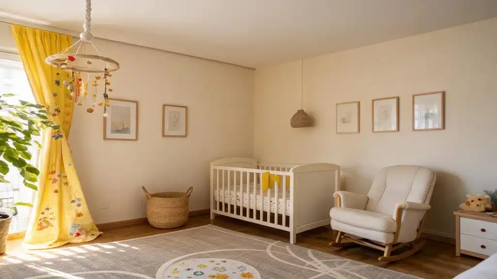 A bright nursery with a white crib, rocking chair, woven basket, yellow curtains, framed art, and a patterned rug.