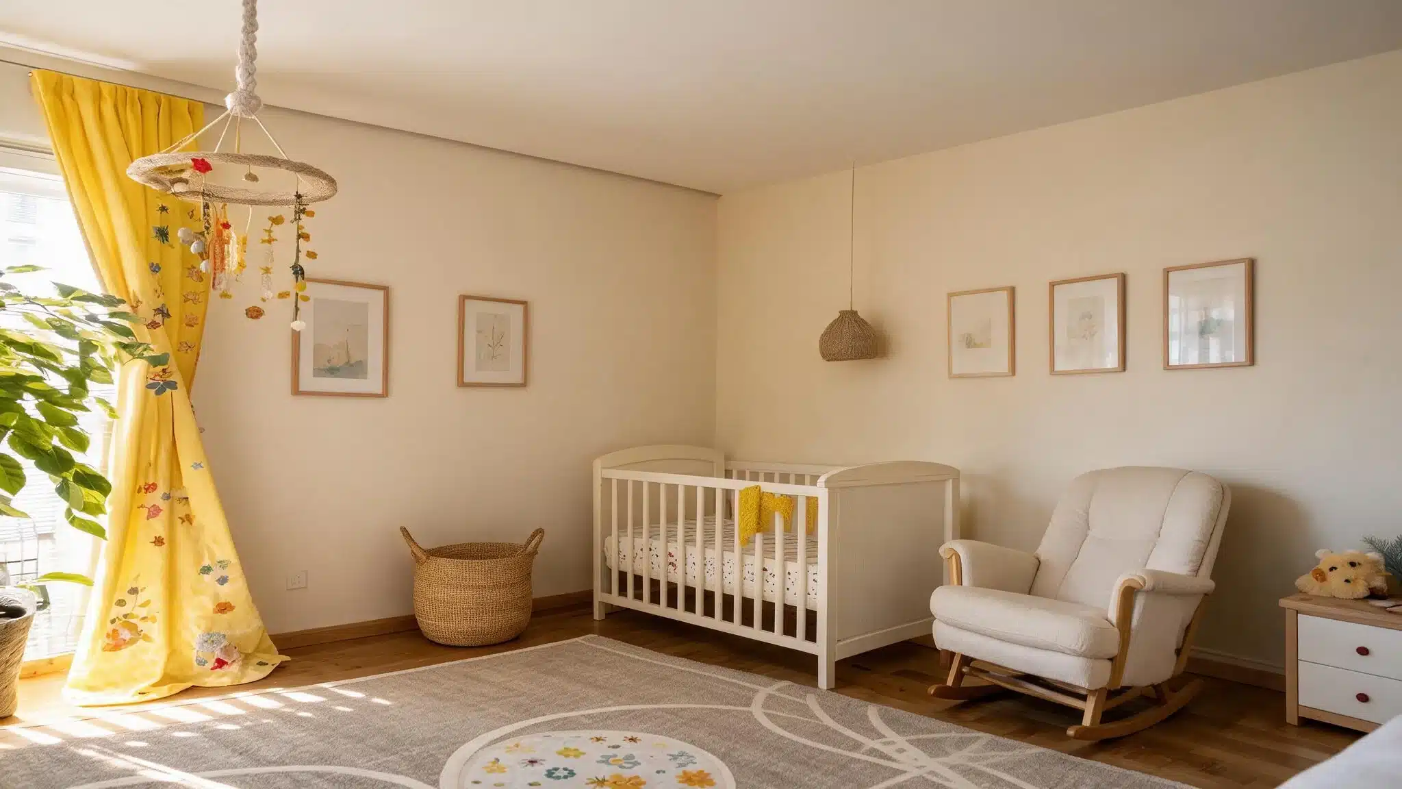 A bright nursery with a white crib, rocking chair, woven basket, yellow curtains, framed art, and a patterned rug.