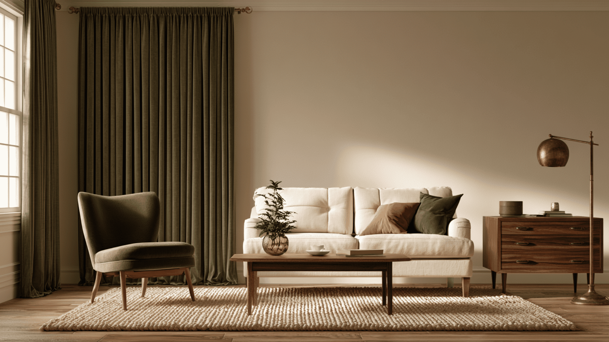 beige living room with olive curtains, green chair, cream sofa, and wood furniture