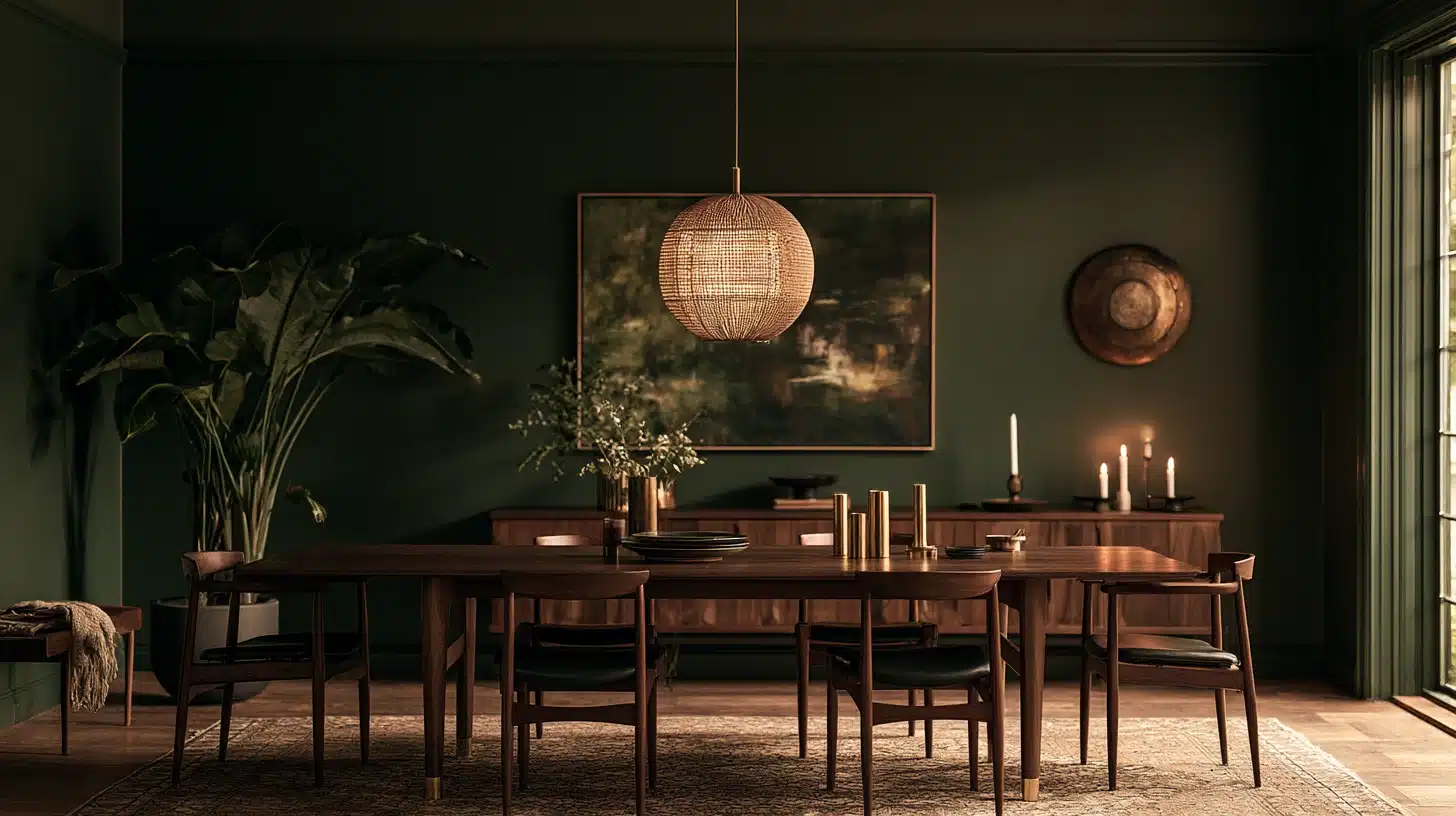Dining room with deep olive green walls, wooden table and chairs, woven pendant light, plants, and warm ambient lighting.