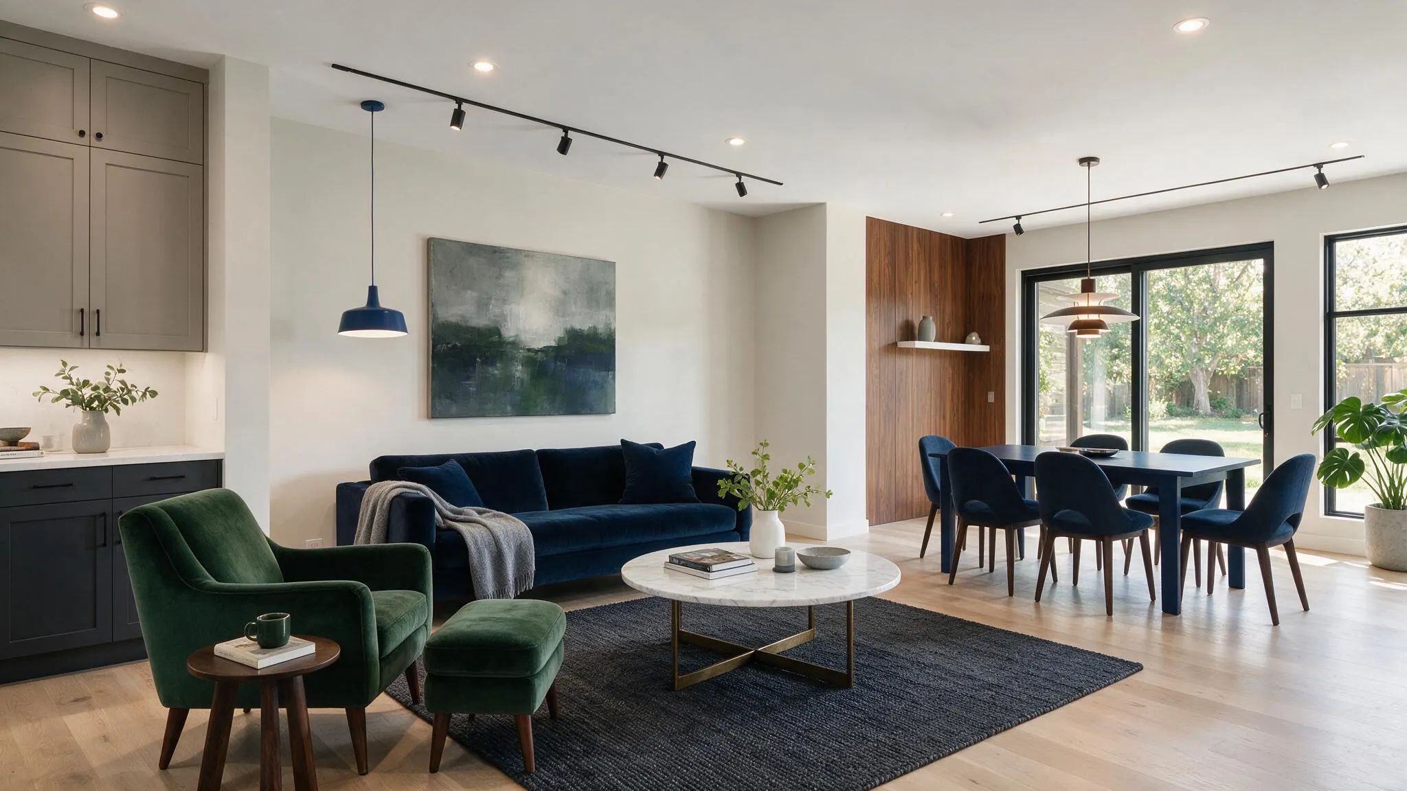 Open-plan living room with a navy sofa, green armchairs, coffee table, kitchen cabinets, dining table, and large windows.