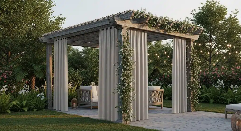 Outdoor patio curtains surrounding a wooden pergola with climbing flowers and cozy garden seating.