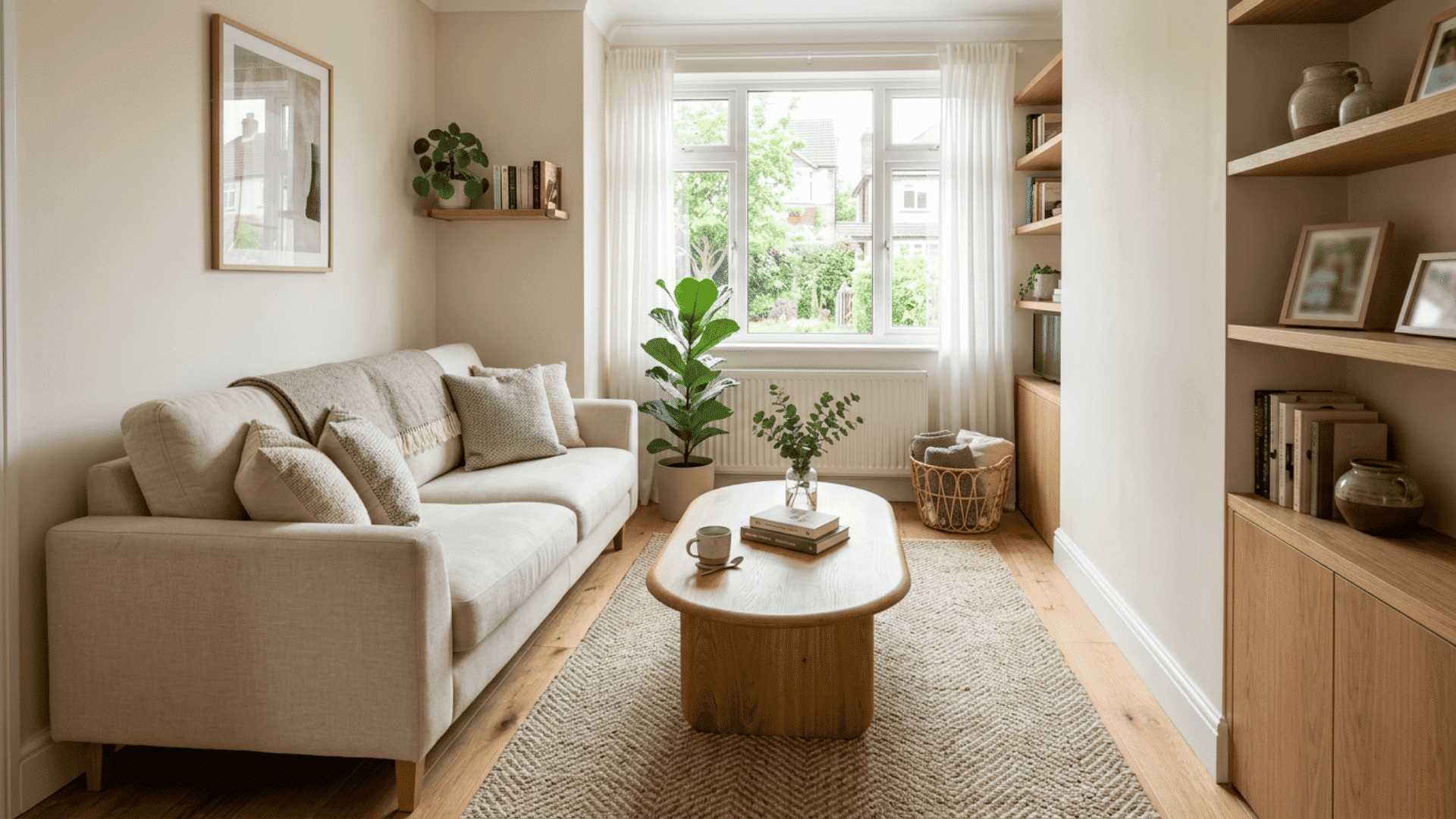 oval coffee table placed in front of a sofa with open walking space around its rounded ends