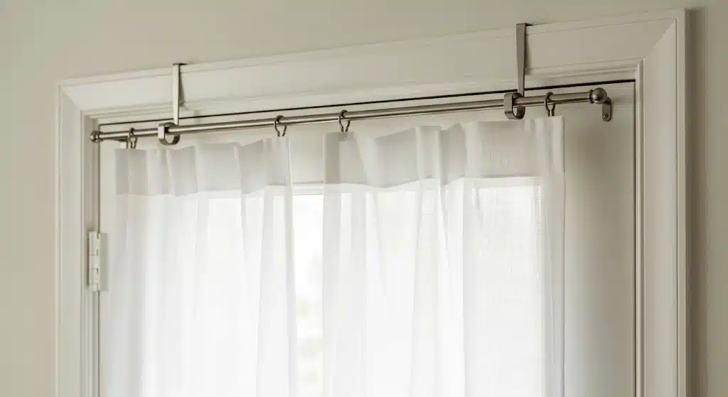 White sheer curtain hanging from an over-the-door hook curtain rod for an easy no-drill window covering solution.