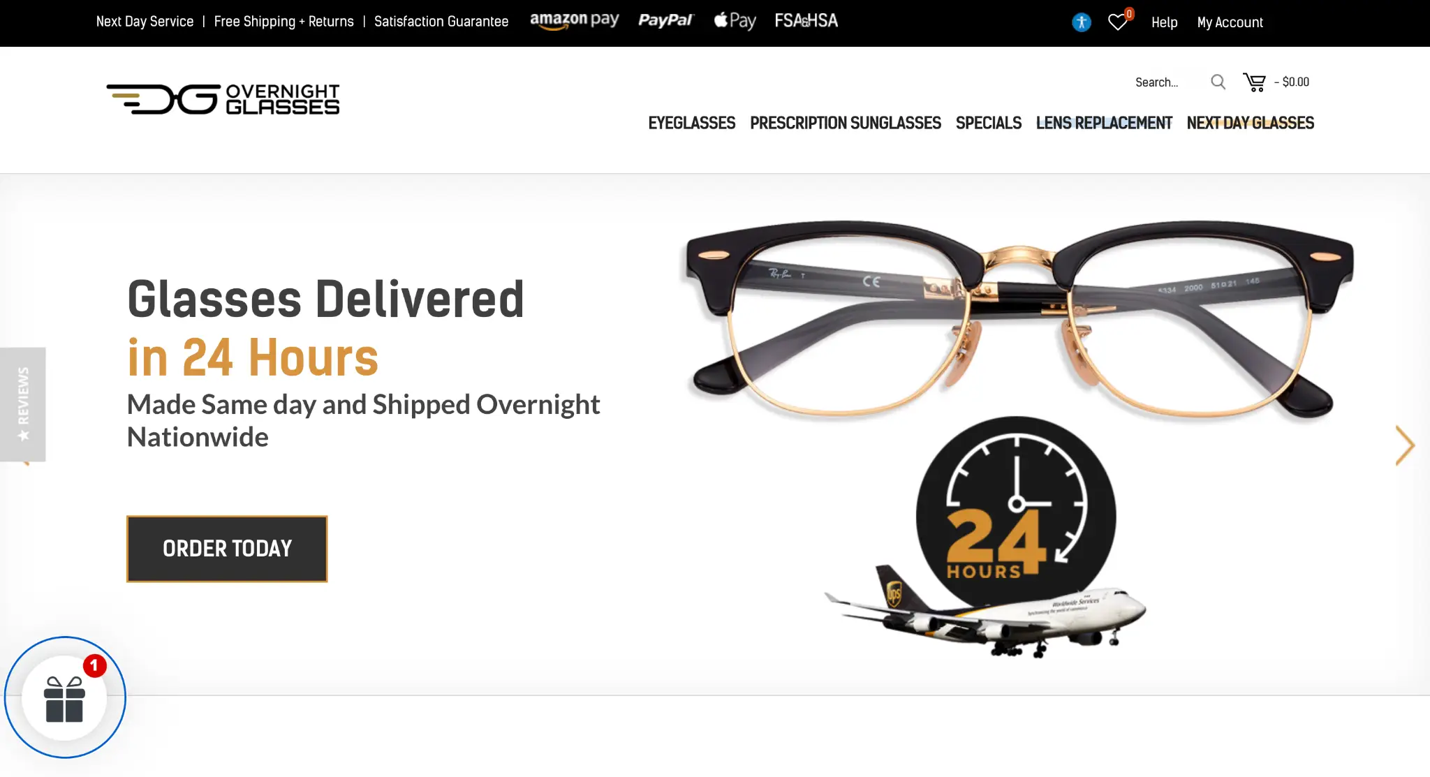 Formal black and gold eyeglasses with delivery clock and airplane graphic in white background