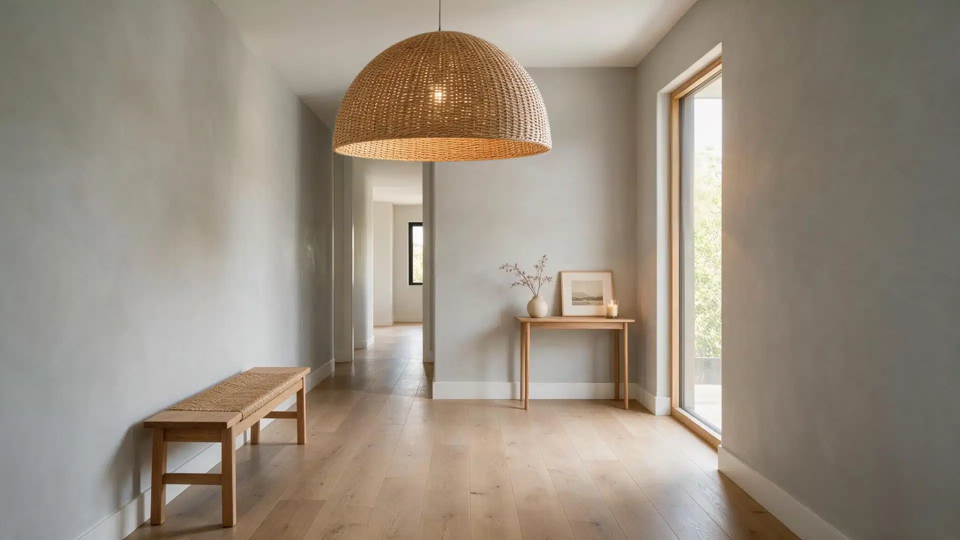 Oversized woven pendant light in a minimalist hallway with a bench and console table.