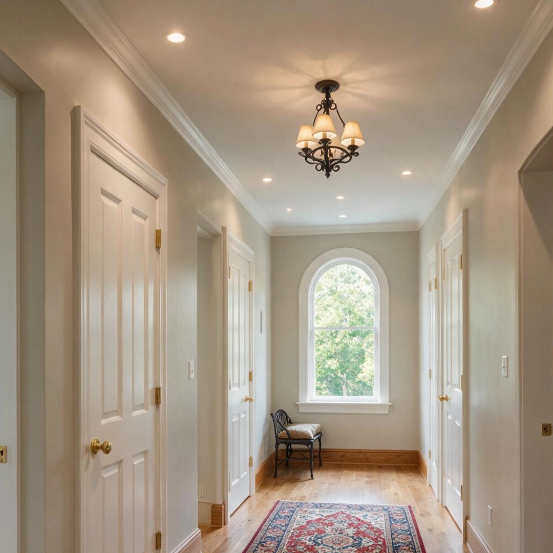 Bright greige hallway with an arched window, white doors, and a patterned rug