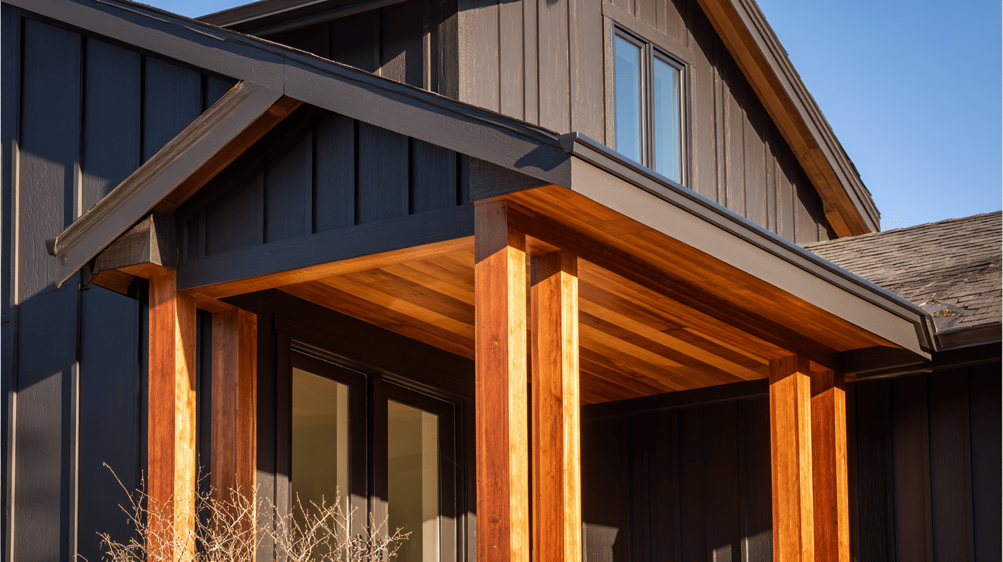 Urbane Bronze exterior siding paired with warm wood porch posts and trim