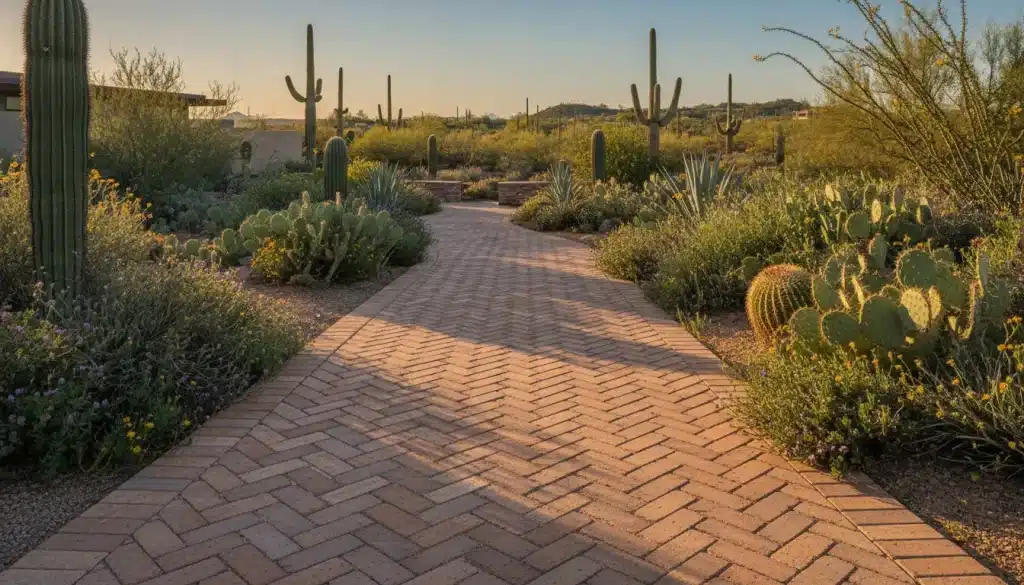Desert landscape with cacti and plants along a brick pathway at sunset