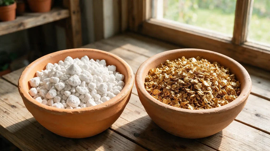 Perlite and vermiculite in terracotta bowls on a wooden table beside a bright garden window with soft natural light
