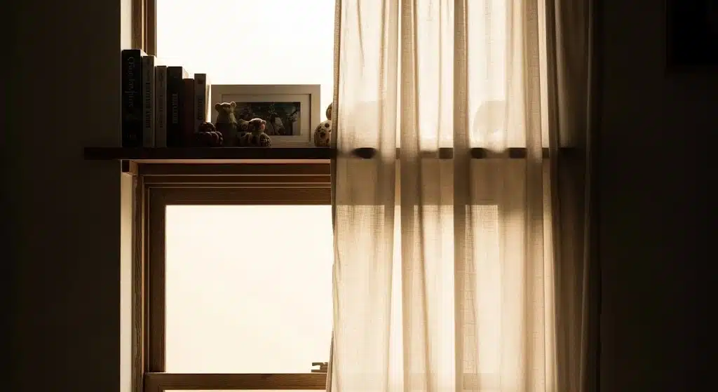 Sheer beige curtain casually draped beside a wooden picture ledge, creating a warm and relaxed window treatment.
