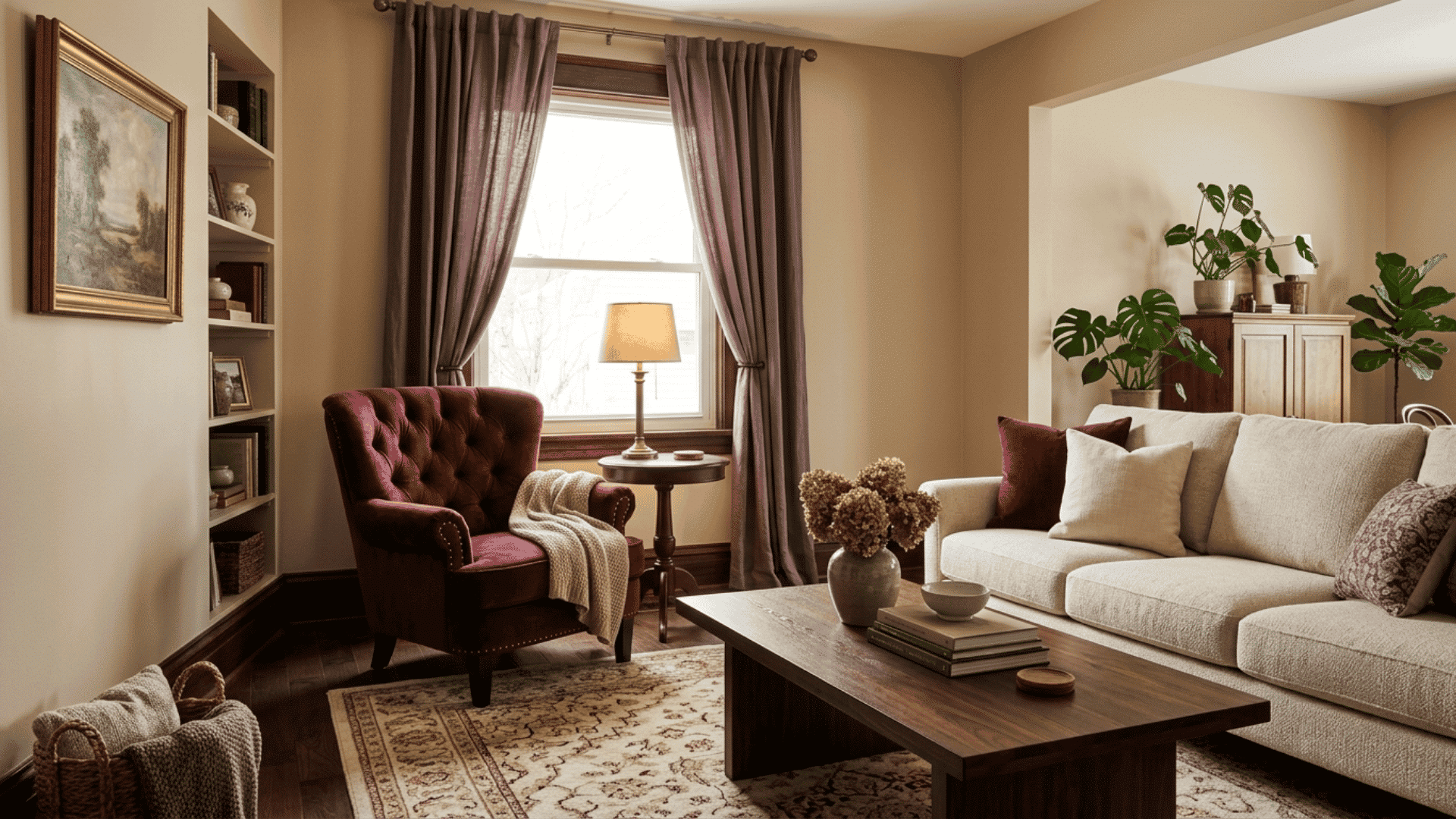 plum living room with cream sofa, velvet chair, curtains, plants, and wood table