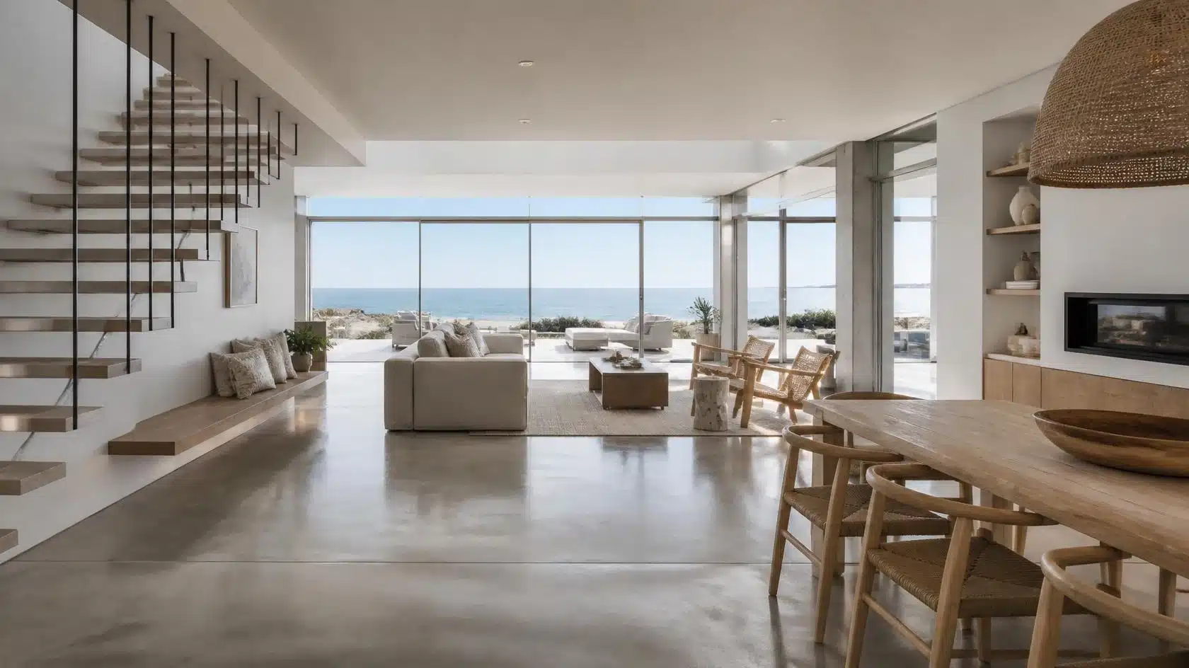 Polished concrete floors in a modern beach house open-plan living and dining area with floor-to-ceiling glass walls and ocean views.