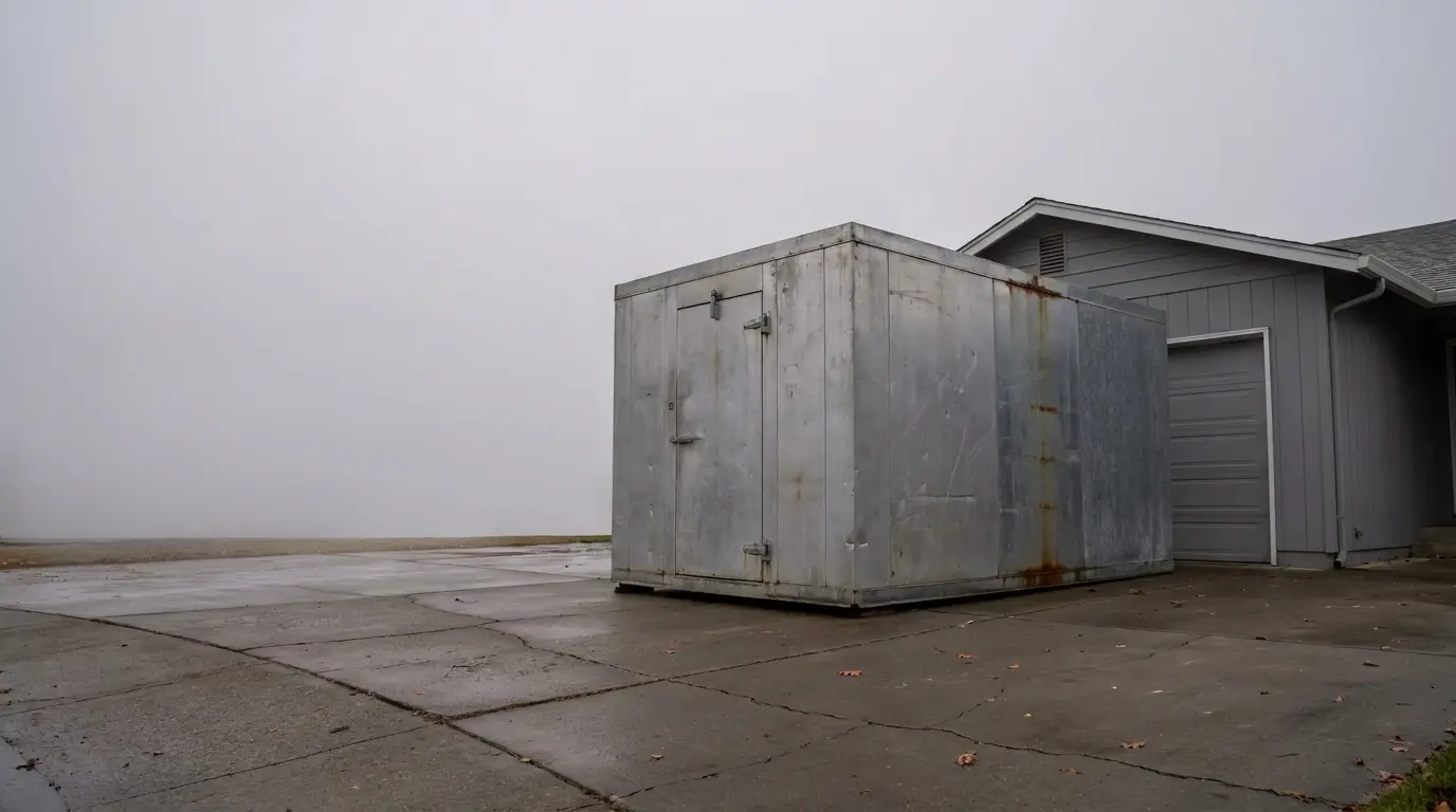 Large metal shipping container on concrete driveway beside a grey house under overcast sky