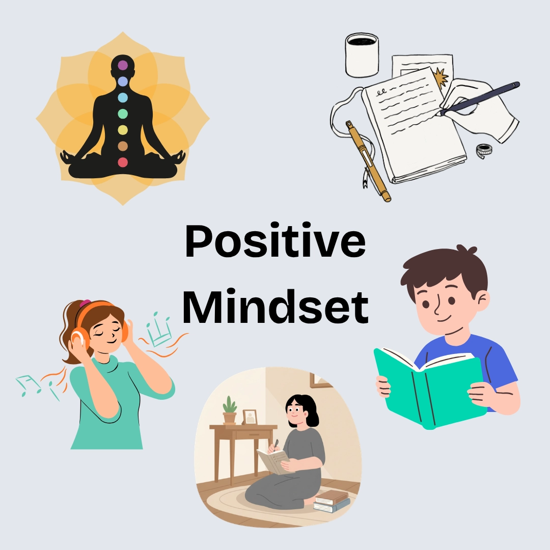 Positive mindset illustrations showing meditation journaling reading music and quiet reflection in the morning