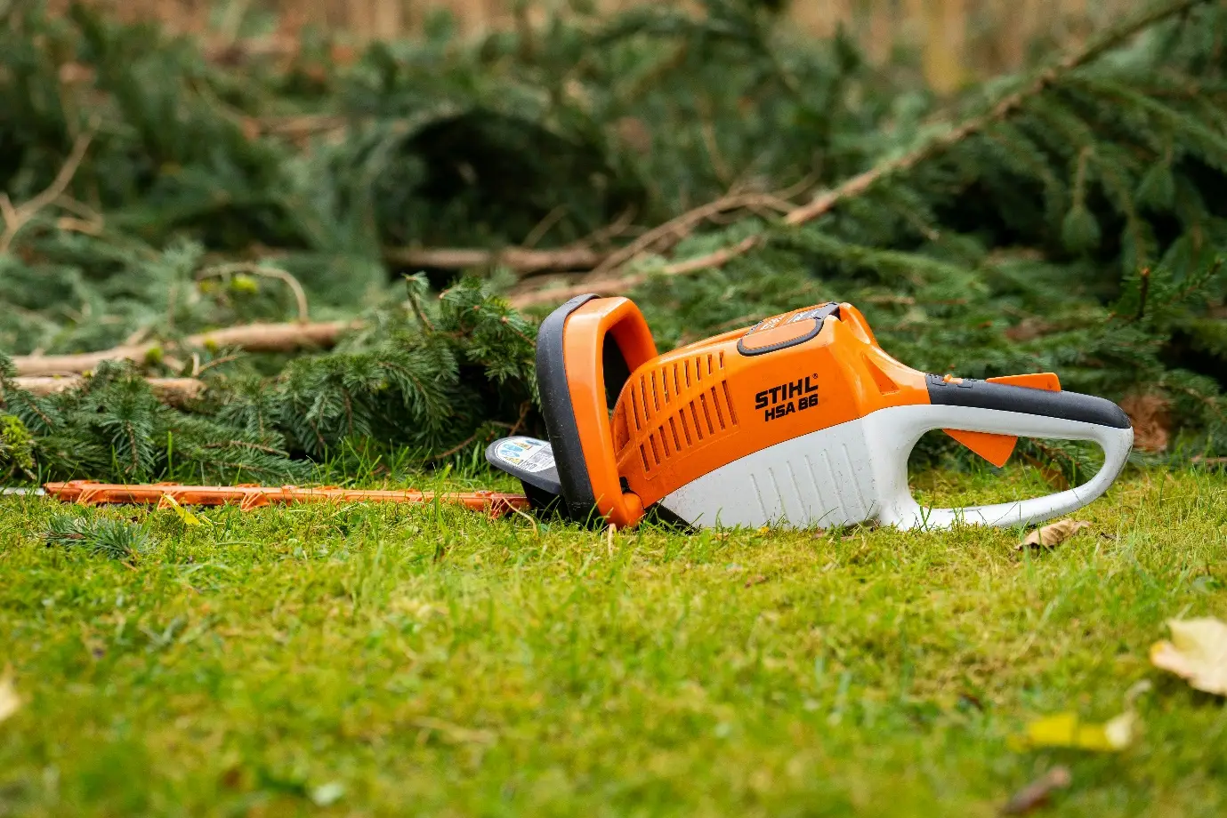 Orange and white hedge trimmer resting on grass with trimmed branches in background