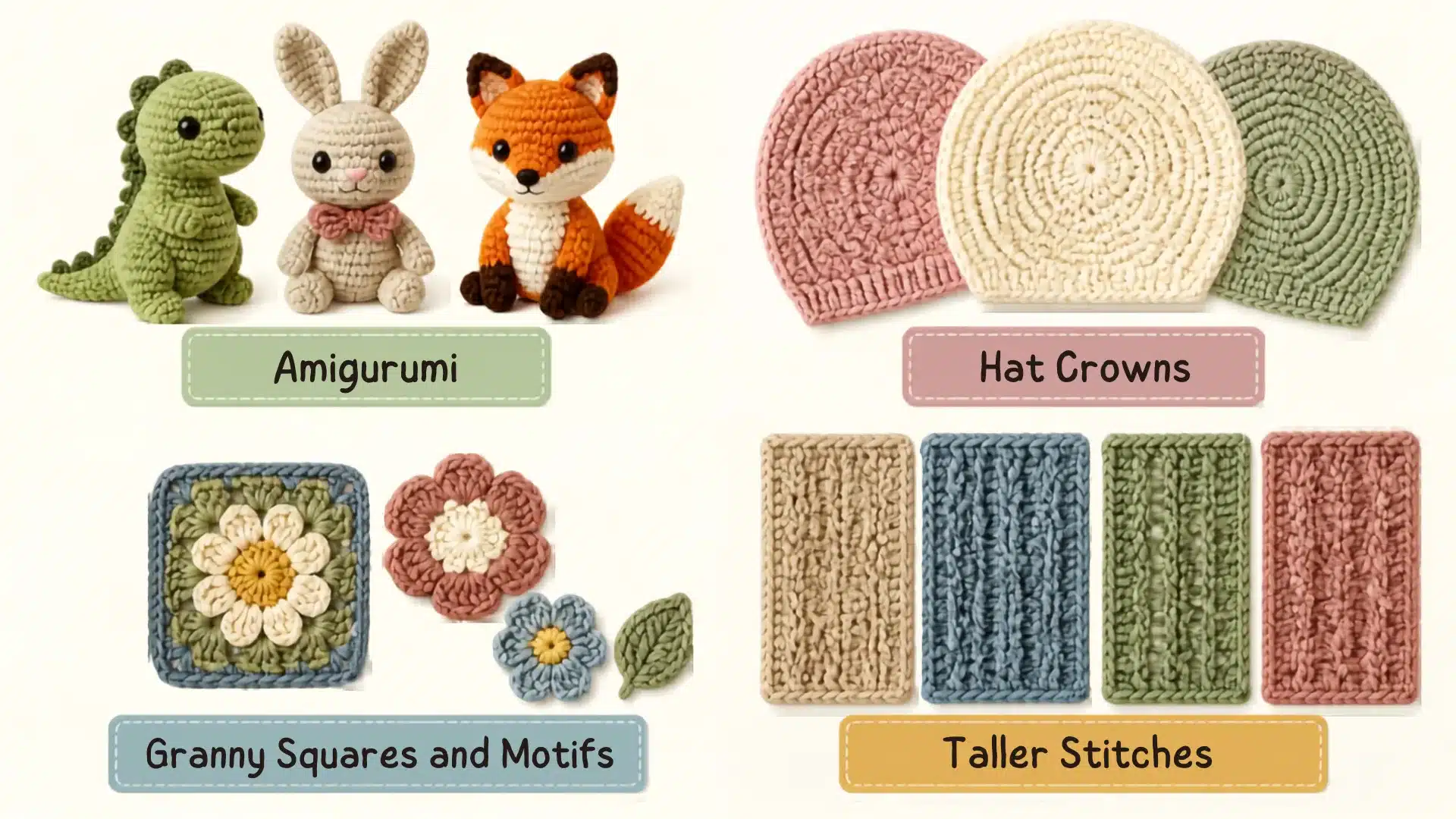 Crochet collage showing amigurumi toys hat crowns granny squares motifs and taller stitches in soft natural colors
