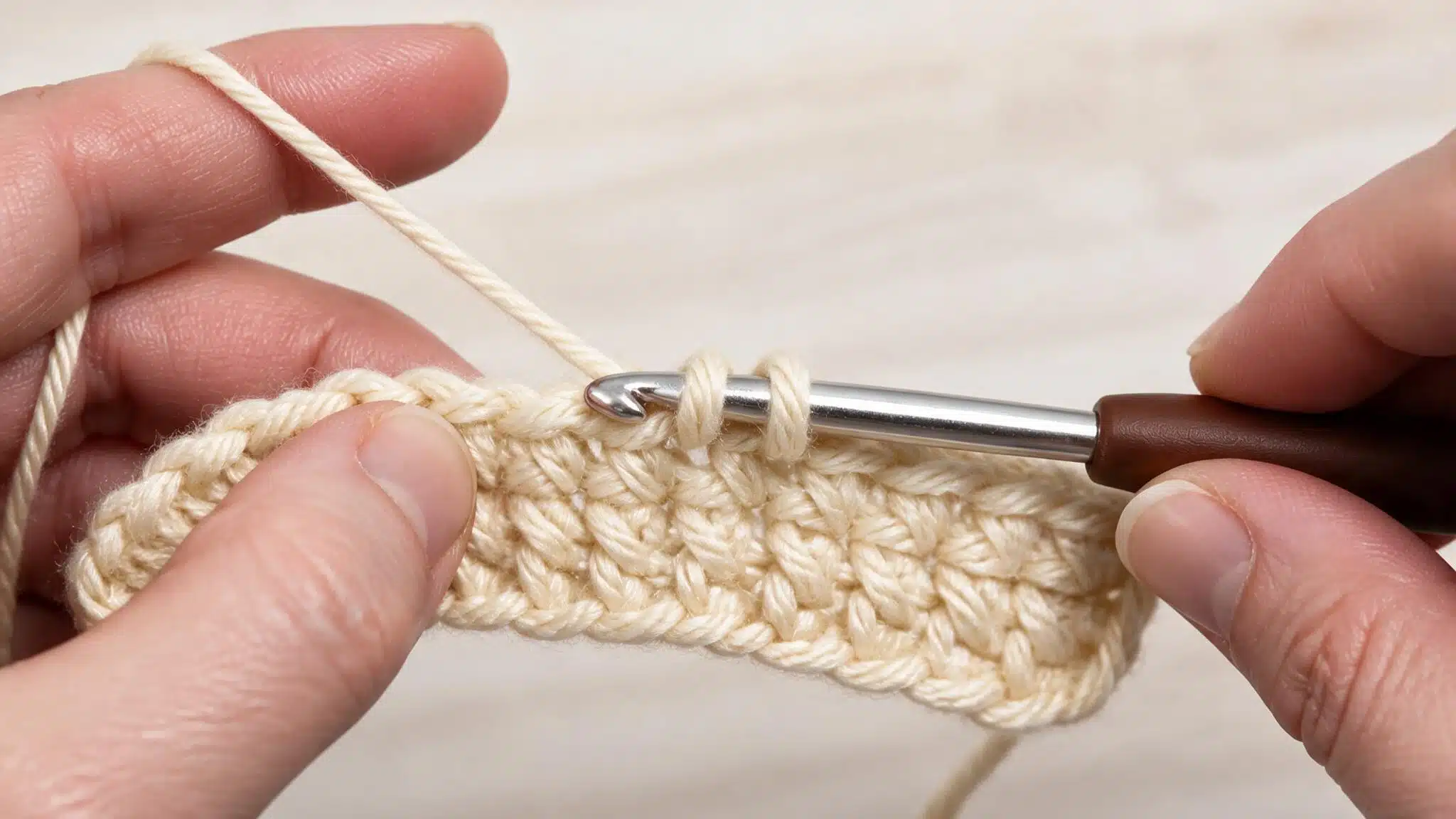 An individual engaged in crocheting, manipulating a hook to craft a stitch with soft, cream yarn.