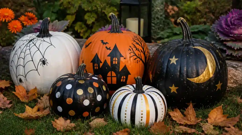 Five decorated pumpkins sit among fallen leaves: a white spiderweb pumpkin, orange haunted-house pumpkin, black moon-and-stars pumpkin, and two smaller pumpkins.