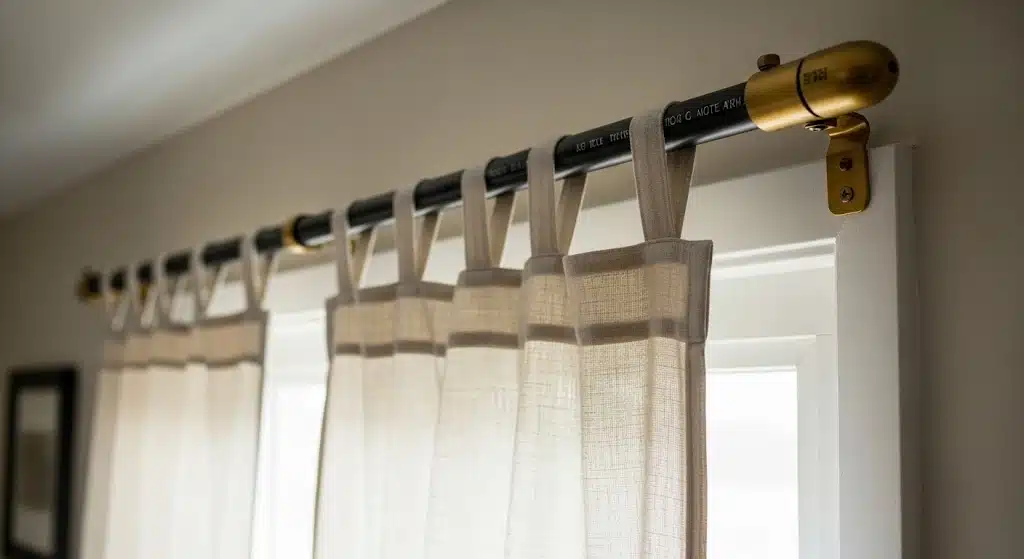 Sheer tab-top curtains hanging from a black PVC pipe curtain rod with brass fittings for an industrial DIY look.