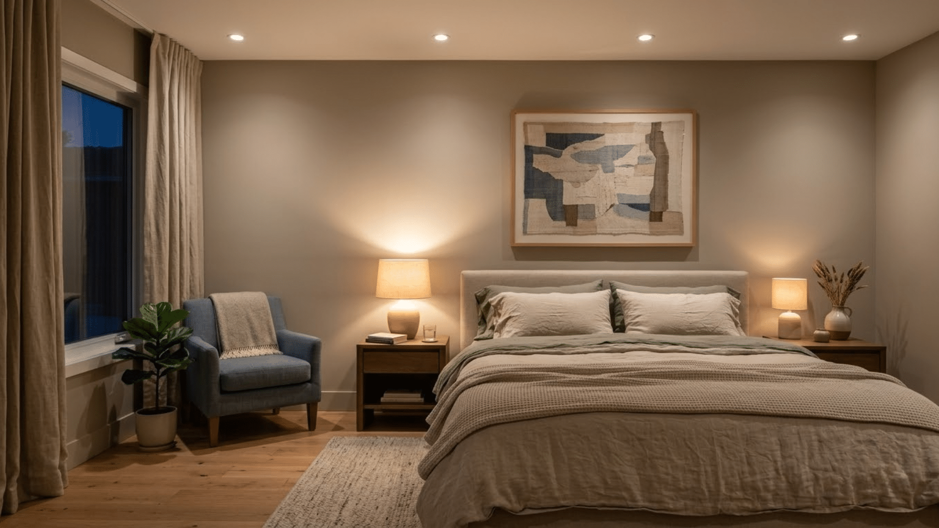 cozy bedroom with soft recessed ceiling lighting spaced evenly around the room