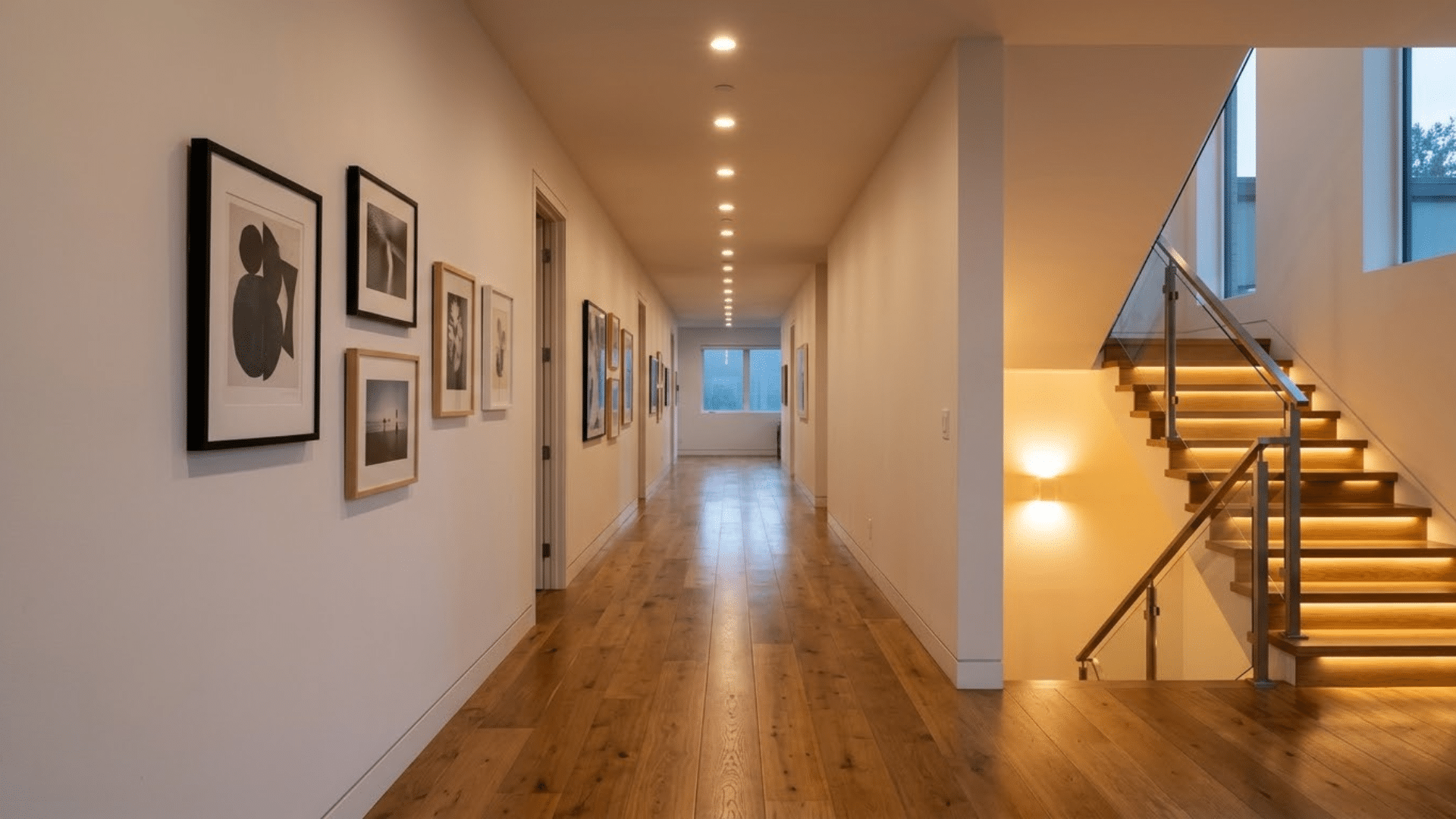 long hallway with evenly spaced recessed lighting and extra light near the staircase