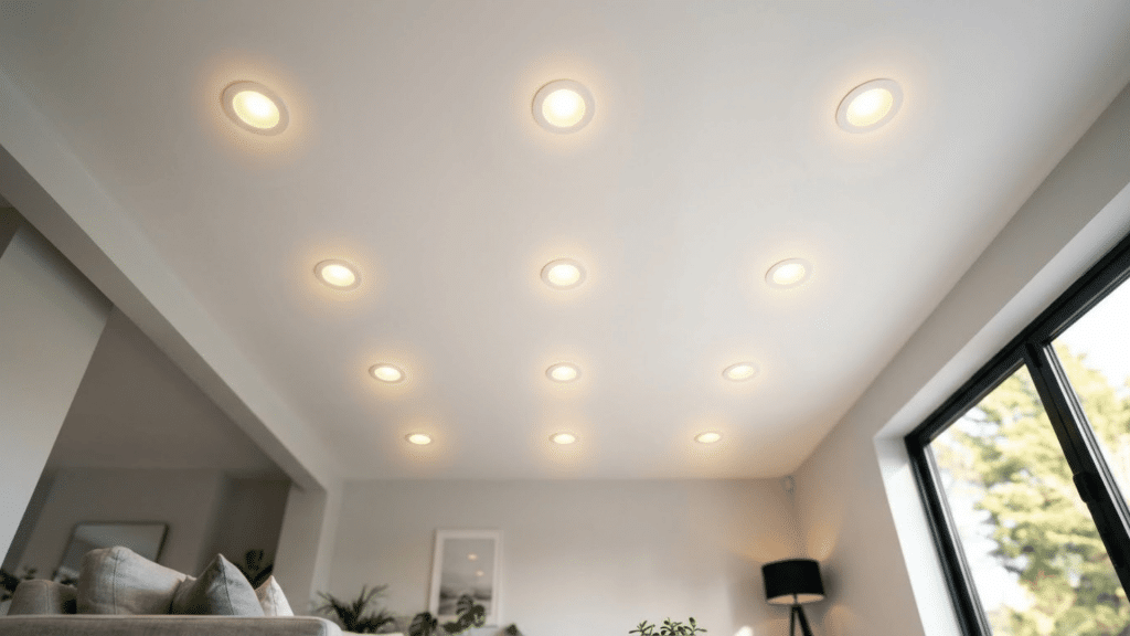 recessed lighting layout with evenly spaced led downlights installed in a living room ceiling