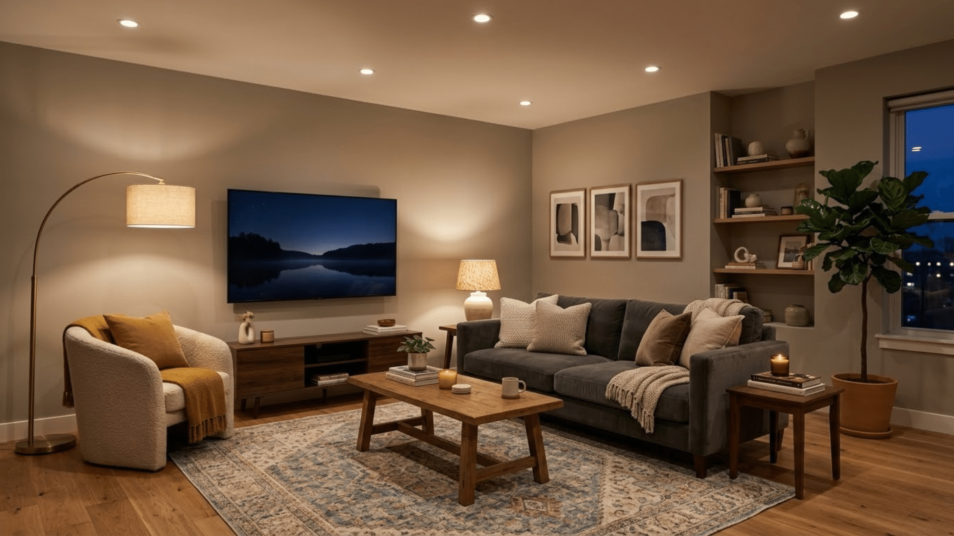 living room with wide-spaced recessed lighting paired with warm floor and table lamps