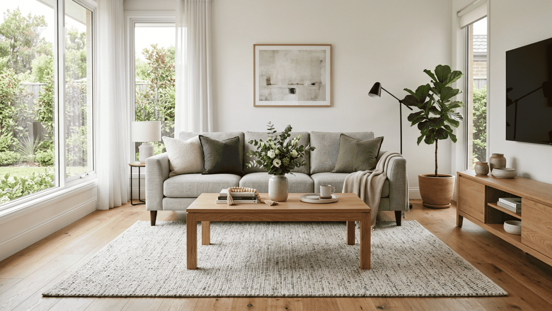 rectangular coffee table placed in front of a three-seat sofa in a modern living room