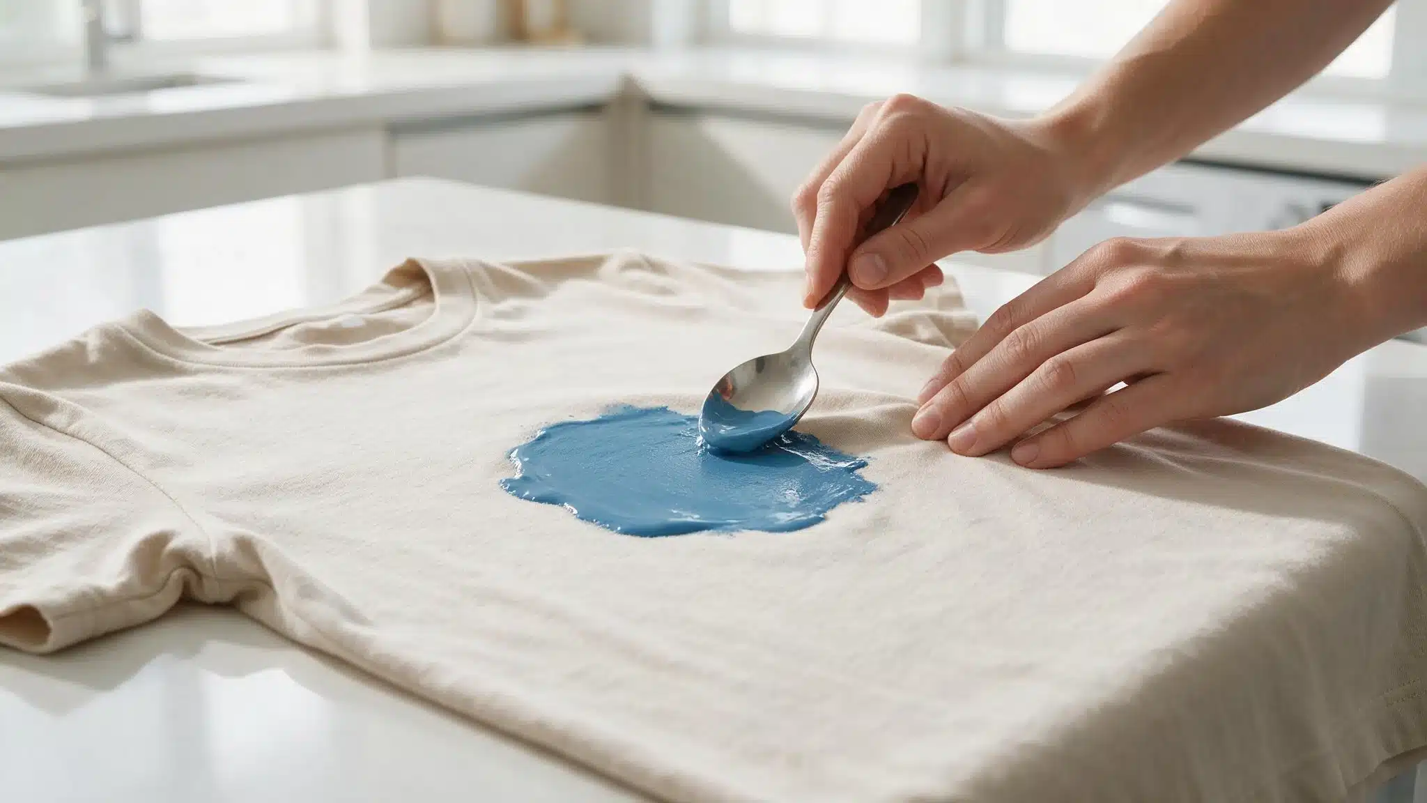 Removing excess blue paint from a beige T-shirt with a spoon without rubbing the stain.