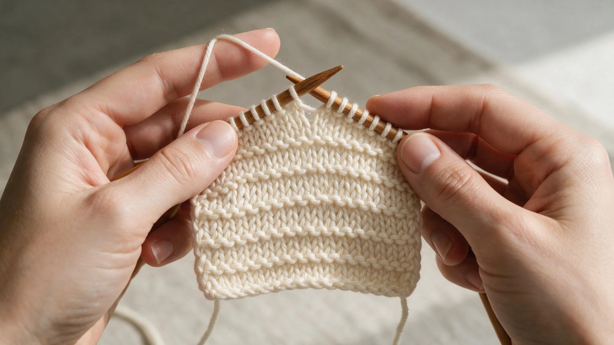 Hands hold wooden knitting needles and cream yarn while working on a rectangular knitted swatch.
