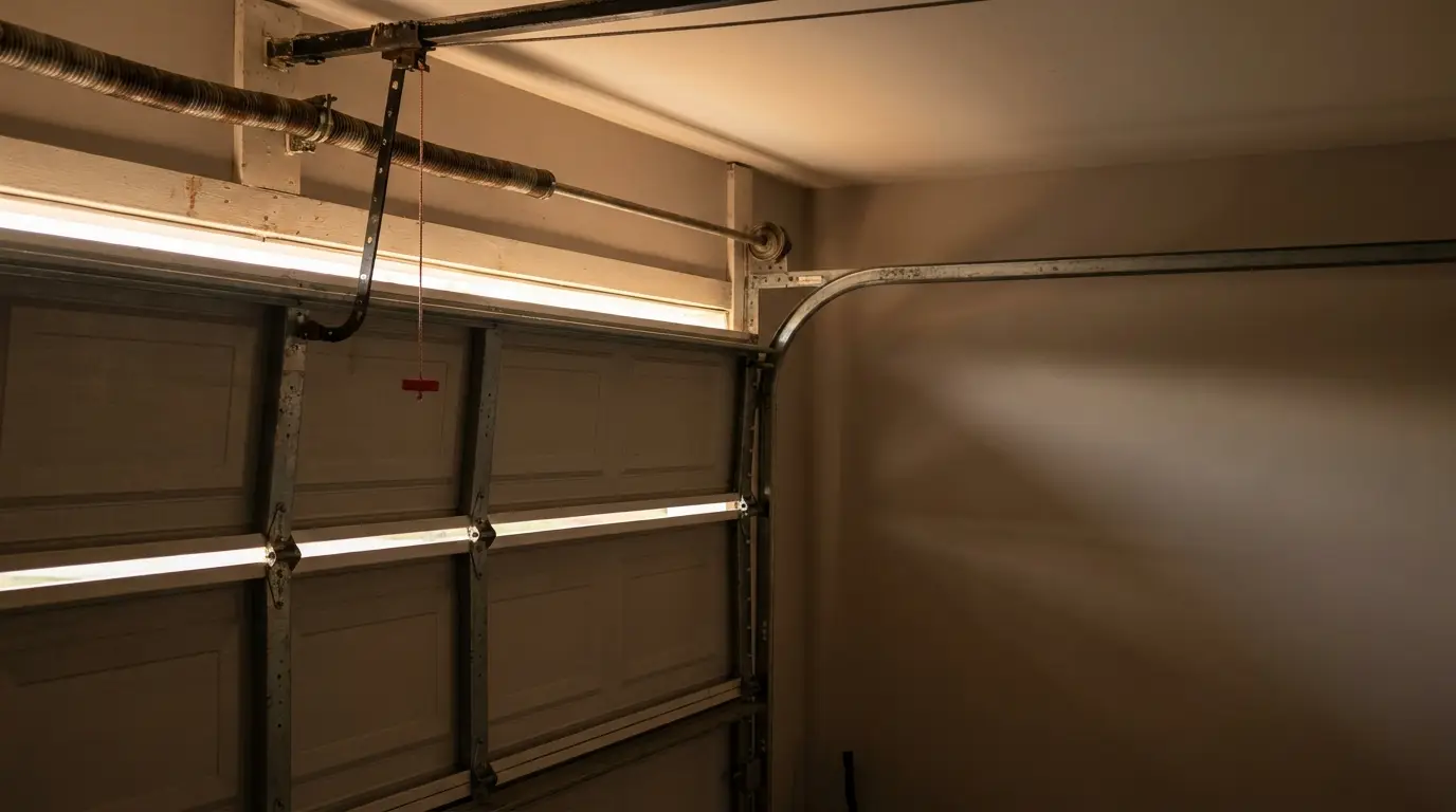 Closed garage door with metal tracks and overhead mechanism in dimly lit space