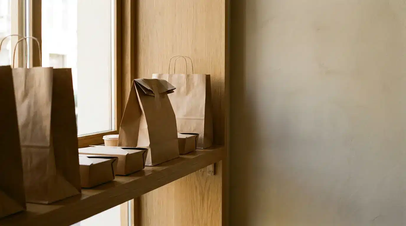 Brown paper bags and takeout boxes on wooden counter under warm lighting in a restaurant setting