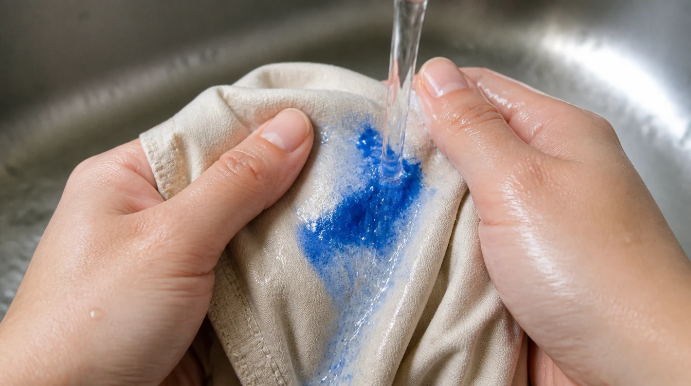 Rinsing the blue paint stain from the back of a beige T-shirt under running water.
